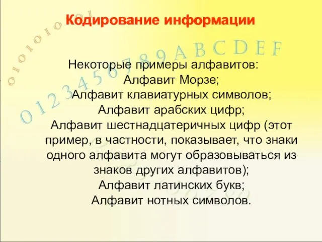 Кодирование информации Некоторые примеры алфавитов: Алфавит Морзе; Алфавит клавиатурных символов; Алфавит