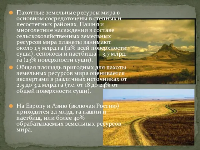 Пахотные земельные ресурсы мира в основном сосредоточены в степных и лесостепных