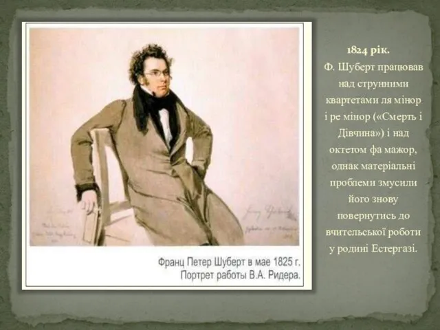 1824 рік. Ф. Шуберт працював над струнними квартетами ля мінор і