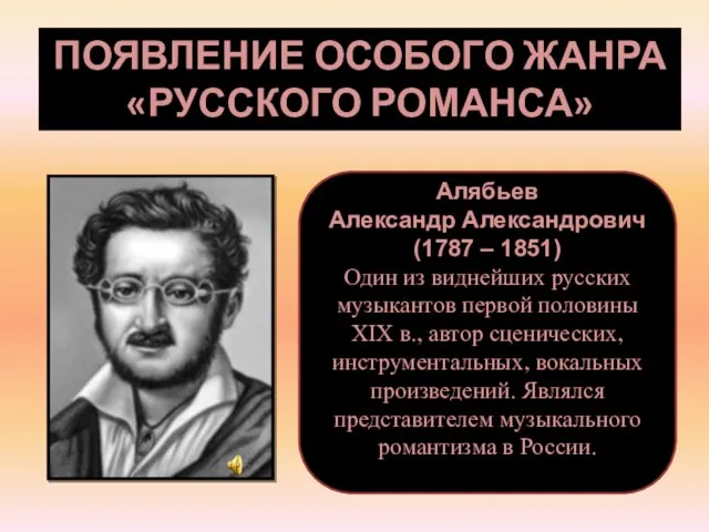 Появление особого жанра «русского романса» Алябьев Александр Александрович (1787 – 1851)