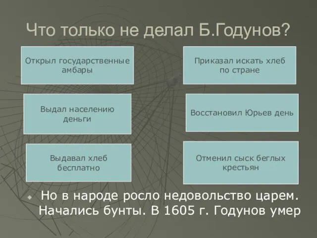 Что только не делал Б.Годунов? Но в народе росло недовольство царем.Начались