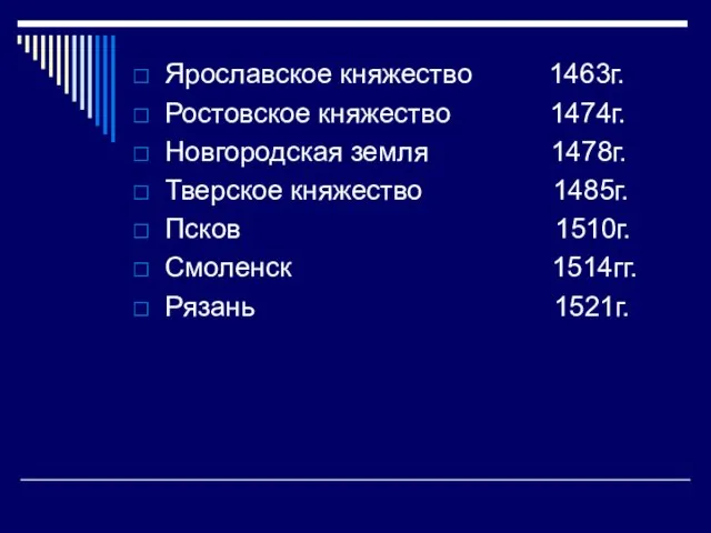 Ярославское княжество 1463г. Ростовское княжество 1474г. Новгородская земля 1478г. Тверское княжество