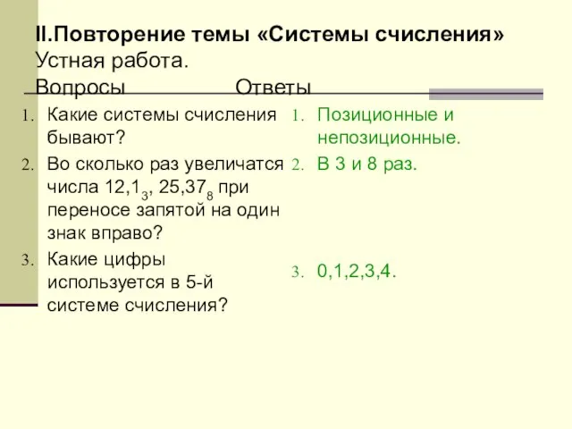 II.Повторение темы «Системы счисления» Устная работа. Вопросы Ответы Какие системы счисления