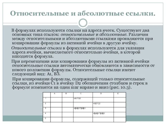 Относительные и абсолютные ссылки. В формулах используются ссылки на адреса ячеек.