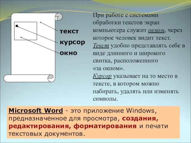 При работе с системами обработки текстов экран компьютера служит окном, через