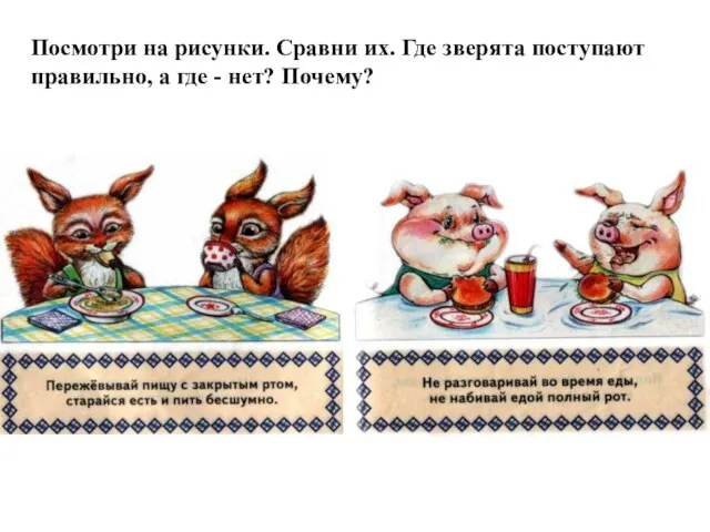 Посмотри на рисунки. Сравни их. Где зверята поступают правильно, а где - нет? Почему?