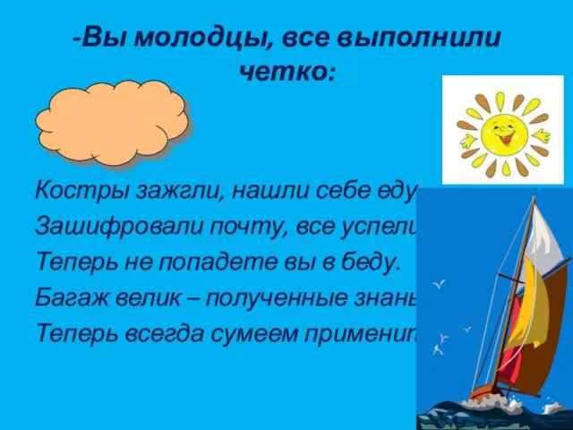 -Вы молодцы, все выполнили четко: Костры зажгли, нашли себе еду, Зашифровали