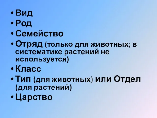 Вид Род Семейство Отряд (только для животных; в систематике растений не