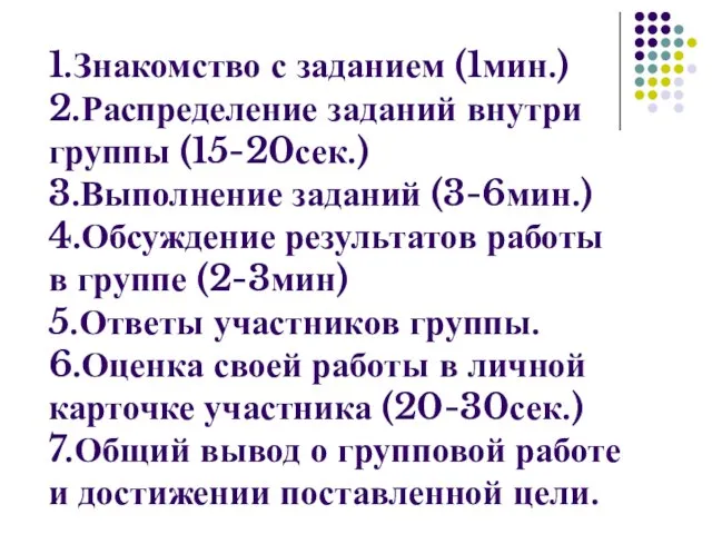 1.Знакомство с заданием (1мин.) 2.Распределение заданий внутри группы (15-20сек.) 3.Выполнение заданий