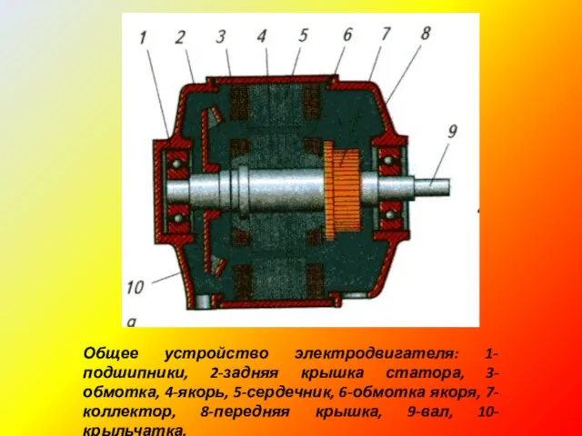 Общее устройство электродвигателя: 1-подшипники, 2-задняя крышка статора, 3-обмотка, 4-якорь, 5-сердечник, 6-обмотка