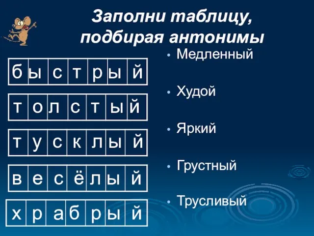 Заполни таблицу, подбирая антонимы Медленный Худой Яркий Грустный Трусливый б ы