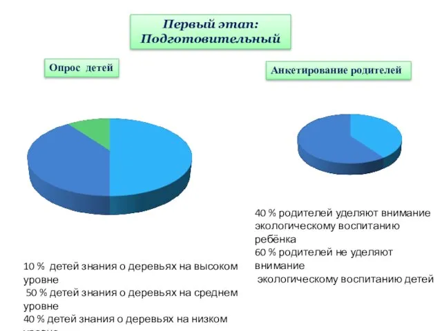 Первый этап: Подготовительный Опрос детей 10 % детей знания о деревьях