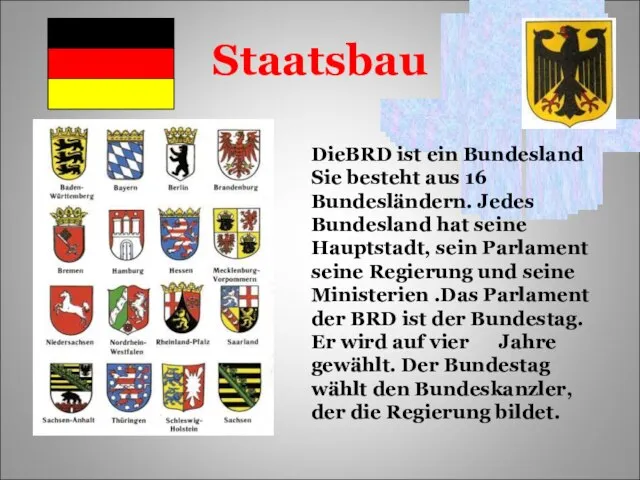 Staatsbau DieBRD ist ein Bundesland Sie besteht aus 16 Bundesländern. Jedes