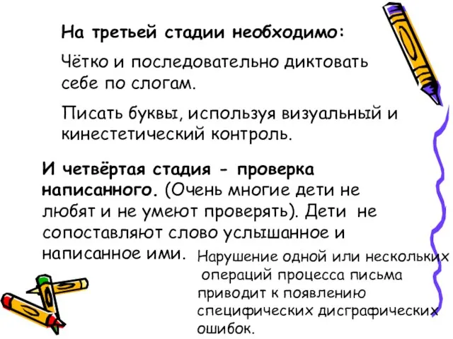 На третьей стадии необходимо: Чётко и последовательно диктовать себе по слогам.