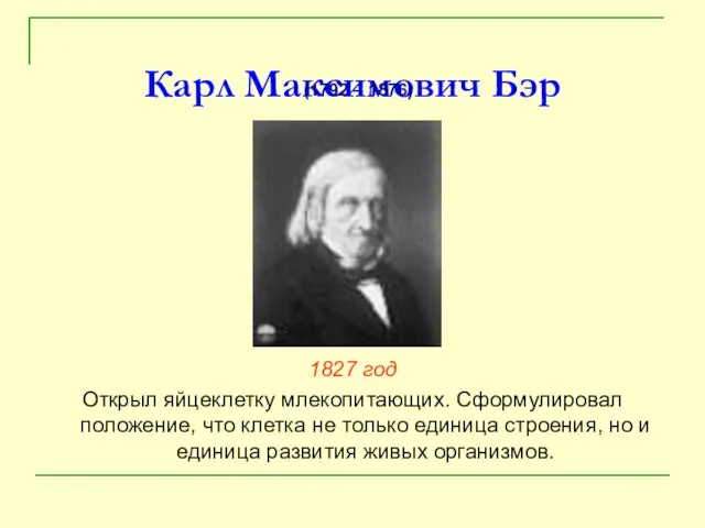 Карл Максимович Бэр 1827 год Открыл яйцеклетку млекопитающих. Сформулировал положение, что