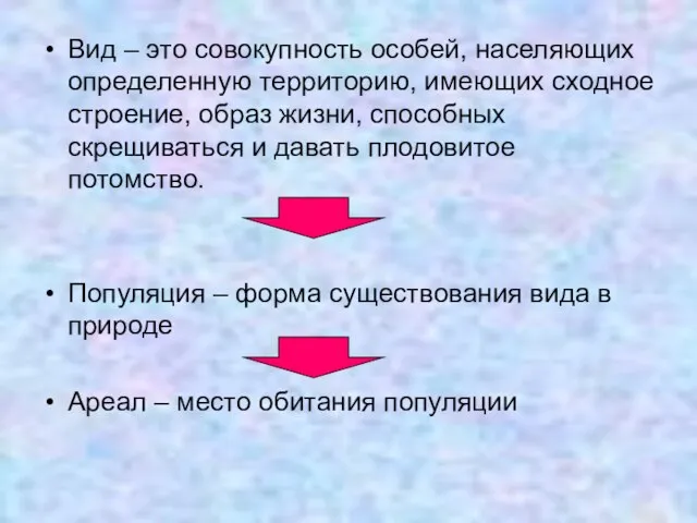 Вид – это совокупность особей, населяющих определенную территорию, имеющих сходное строение,