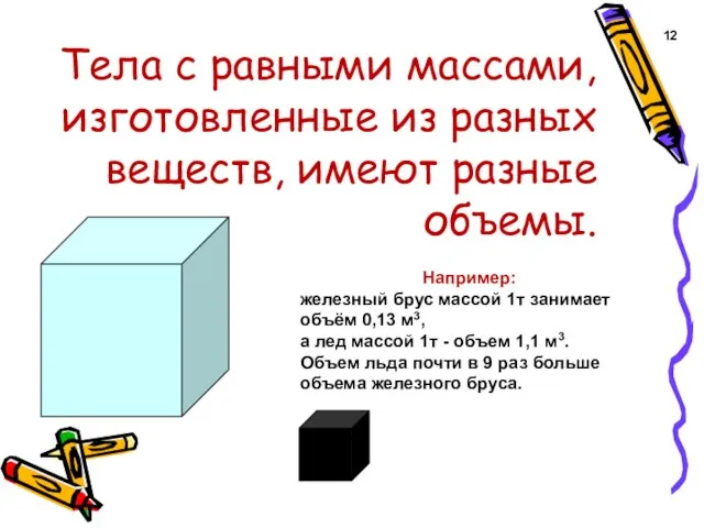 Тела с равными массами, изготовленные из разных веществ, имеют разные объемы.