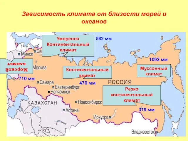 Зависимость климата от близости морей и океанов Морской климат Умеренно Континентальный