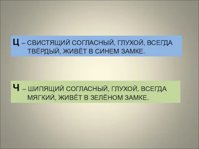 Ц – СВИСТЯЩИЙ СОГЛАСНЫЙ, ГЛУХОЙ, ВСЕГДА ТВЁРДЫЙ, ЖИВЁТ В СИНЕМ ЗАМКЕ.