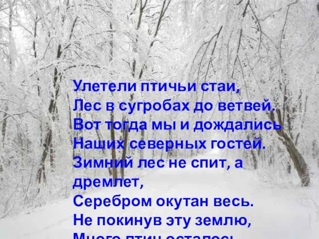 Улетели птичьи стаи, Лес в сугробах до ветвей. Вот тогда мы