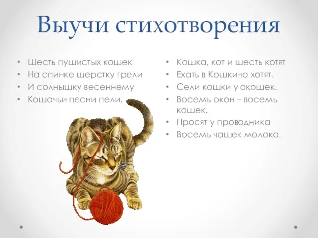 Выучи стихотворения Кошка, кот и шесть котят Ехать в Кошкино хотят.