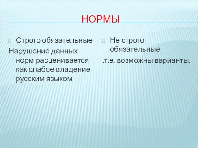 НОРМЫ Строго обязательные Нарушение данных норм расценивается как слабое владение русским