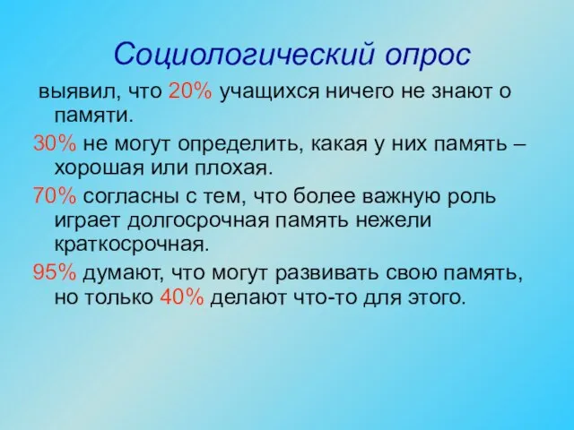 Социологический опрос выявил, что 20% учащихся ничего не знают о памяти.