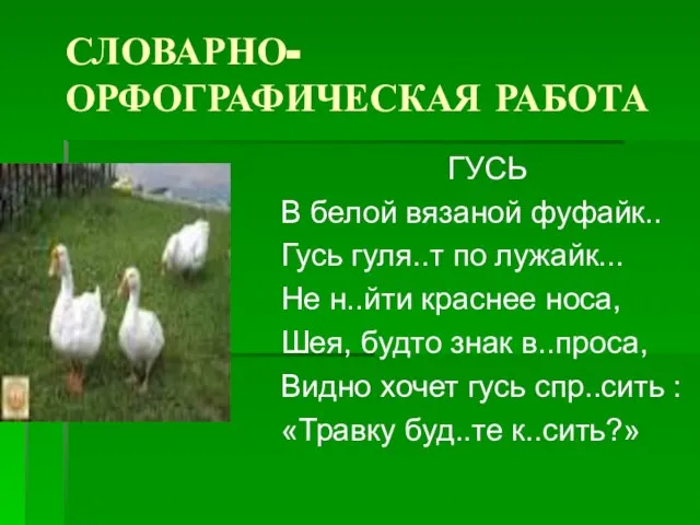 СЛОВАРНО-ОРФОГРАФИЧЕСКАЯ РАБОТА ГУСЬ В белой вязаной фуфайк.. Гусь гуля..т по лужайк...