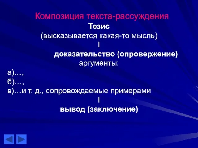 Композиция текста-рассуждения Тезис (высказывается какая-то мысль) I доказательство (опровержение) аргументы: а)…,