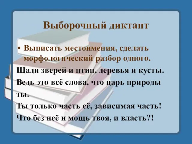 Выборочный диктант Выписать местоимения, сделать морфологический разбор одного. Щади зверей и