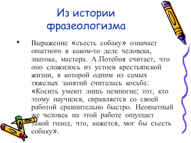 Из истории фразеологизма Выражение «съесть собаку» означает опытного в каком-то деле