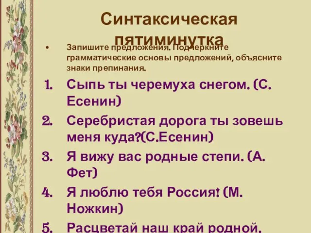 Синтаксическая пятиминутка Запишите предложения. Подчеркните грамматические основы предложений, объясните знаки препинания.