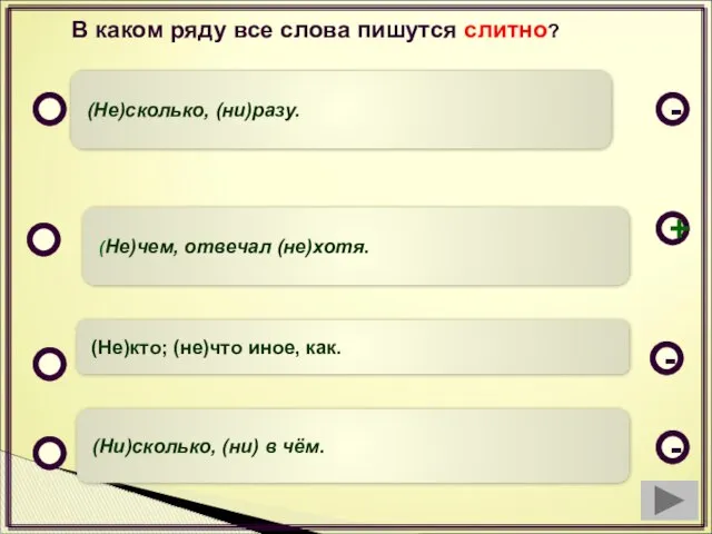 (Не)чем, отвечал (не)хотя. (Не)кто; (не)что иное, как. (Ни)сколько, (ни) в чём.