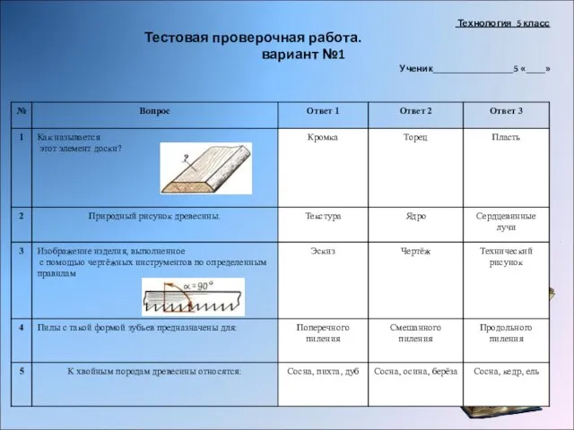 Технология 5 класс Тестовая проверочная работа. вариант №1 Ученик_________________5 «____»