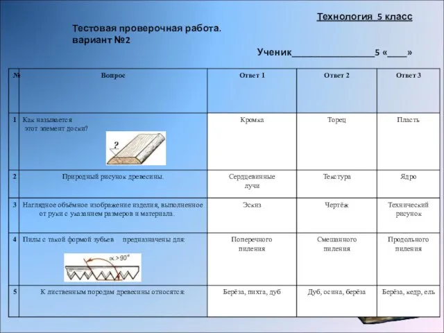 Технология 5 класс Тестовая проверочная работа. вариант №2 Ученик_________________5 «____»