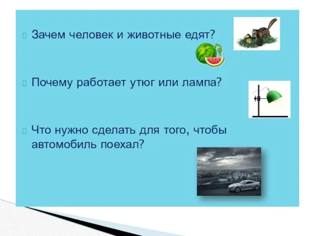 Зачем человек и животные едят? Почему работает утюг или лампа? Что