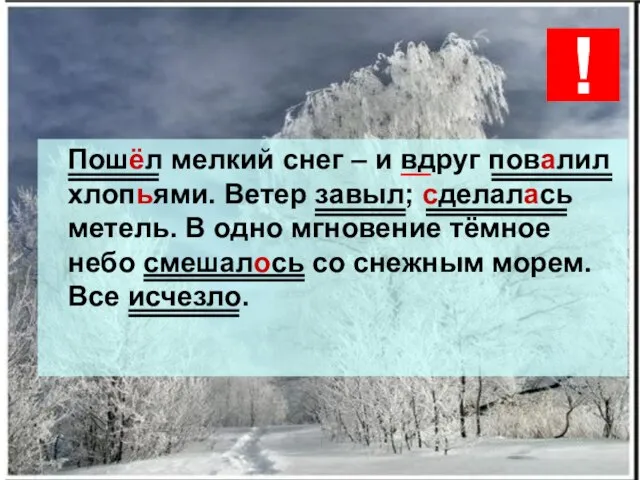 Пошёл мелкий снег – и вдруг повалил хлопьями. Ветер завыл; сделалась