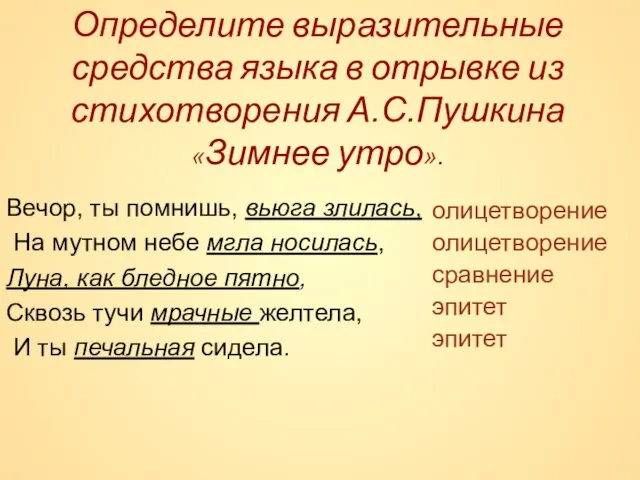 Определите выразительные средства языка в отрывке из стихотворения А.С.Пушкина «Зимнее утро».