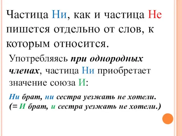 Частица Ни, как и частица Не пишется отдельно от слов, к