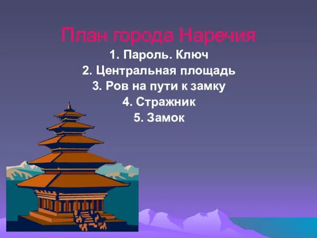 План города Наречия 1. Пароль. Ключ 2. Центральная площадь 3. Ров