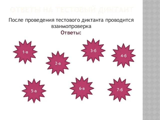 Ответы на тестовый диктант После проведения тестового диктанта проводится взаимопроверка Ответы: