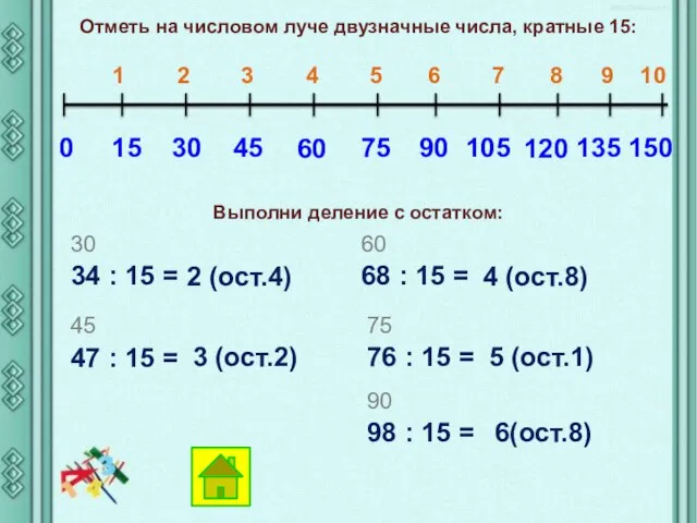 Отметь на числовом луче двузначные числа, кратные 15: 0 15 30