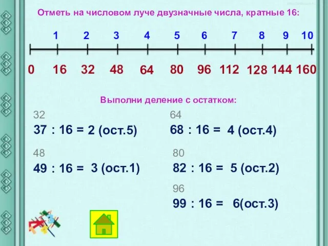 Отметь на числовом луче двузначные числа, кратные 16: 0 16 32