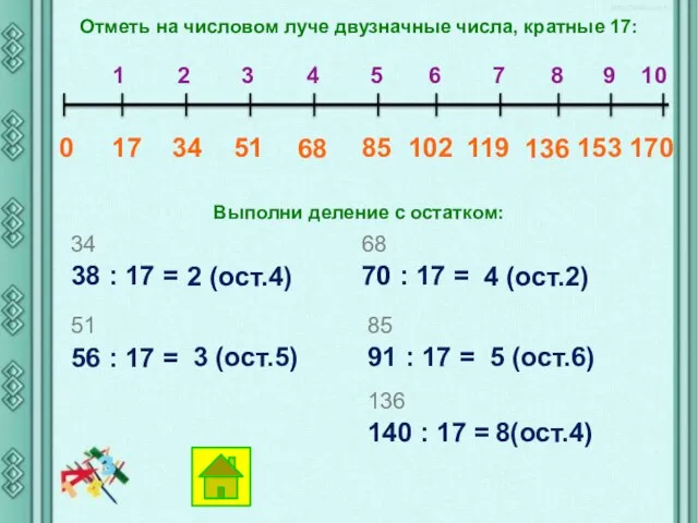 Отметь на числовом луче двузначные числа, кратные 17: 0 17 34