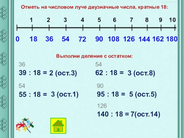 Отметь на числовом луче двузначные числа, кратные 18: 0 18 36