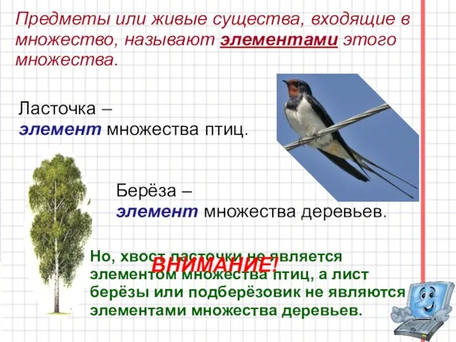 Предметы или живые существа, входящие в множество, называют элементами этого множества.