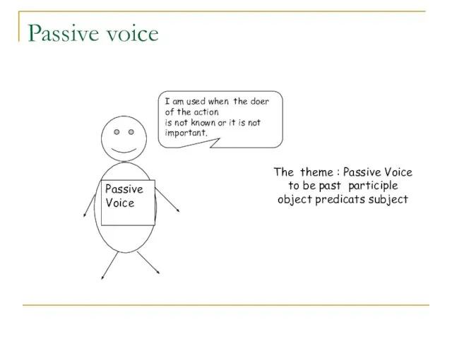 Passive voice Passive Voice I am used when the doer of