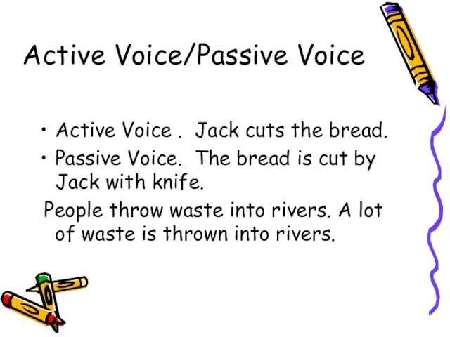 Active Voice/Passive Voice Active Voice . Jack cuts the bread. Passive