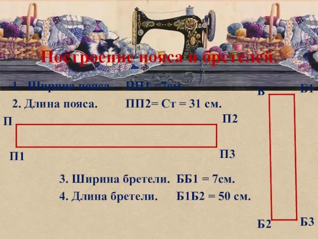 Построение пояса и бретелей. 1. Ширина пояса . ПП1 =7см. 2.