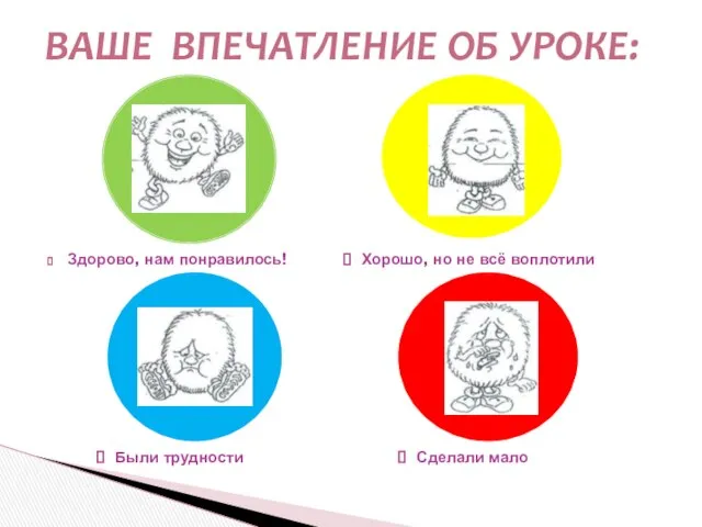 Здорово, нам понравилось! Ваше впечатление об уроке: Хорошо, но не всё воплотили Были трудности Сделали мало